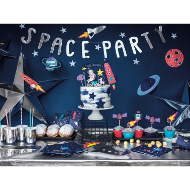 6 coole zilverfolie spaceraket bordjes met kleuraccenten voor een leuk ruimtefeestje